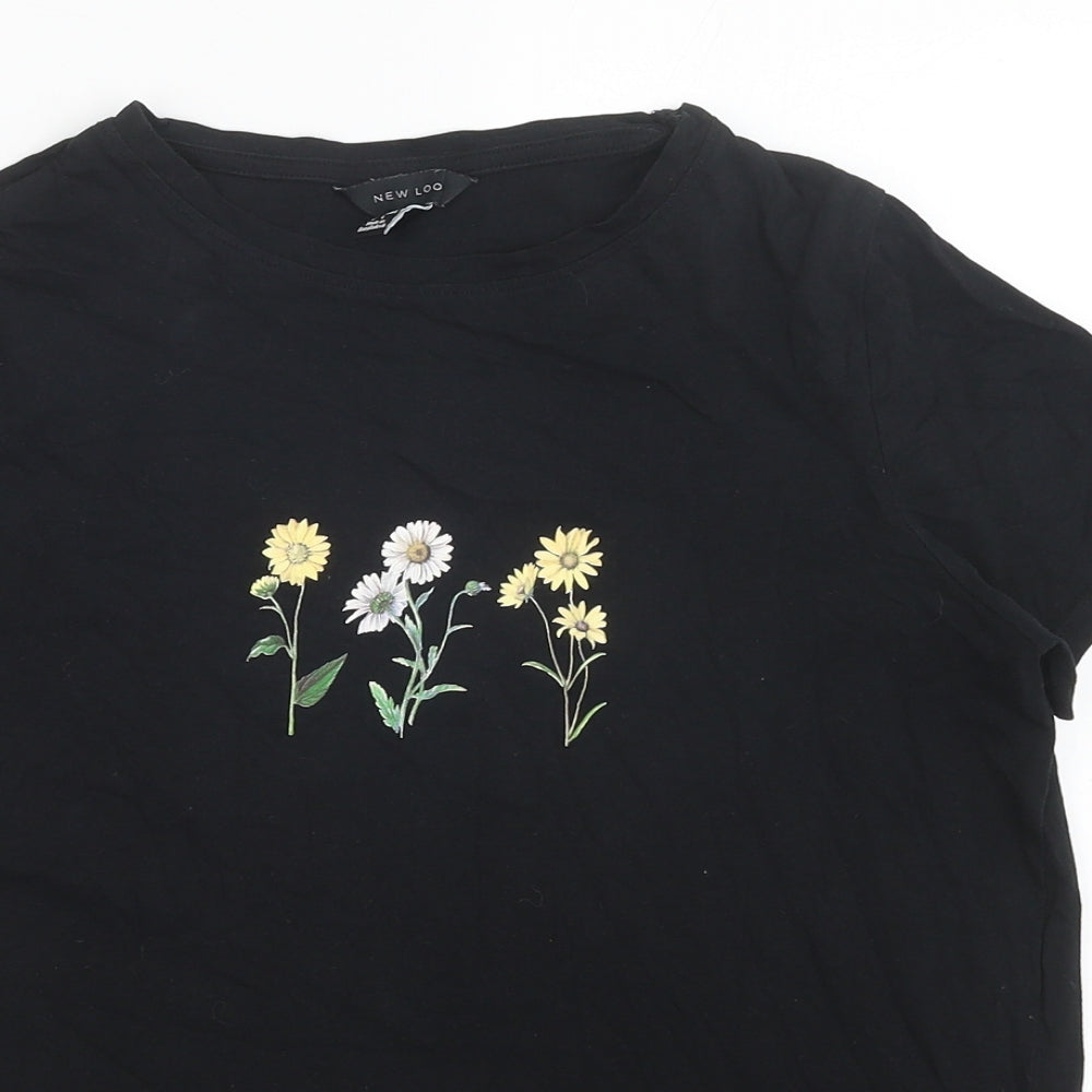 New Look Womens Black Polyester Basic T-Shirt Size 10 Crew Neck - Floral Detail