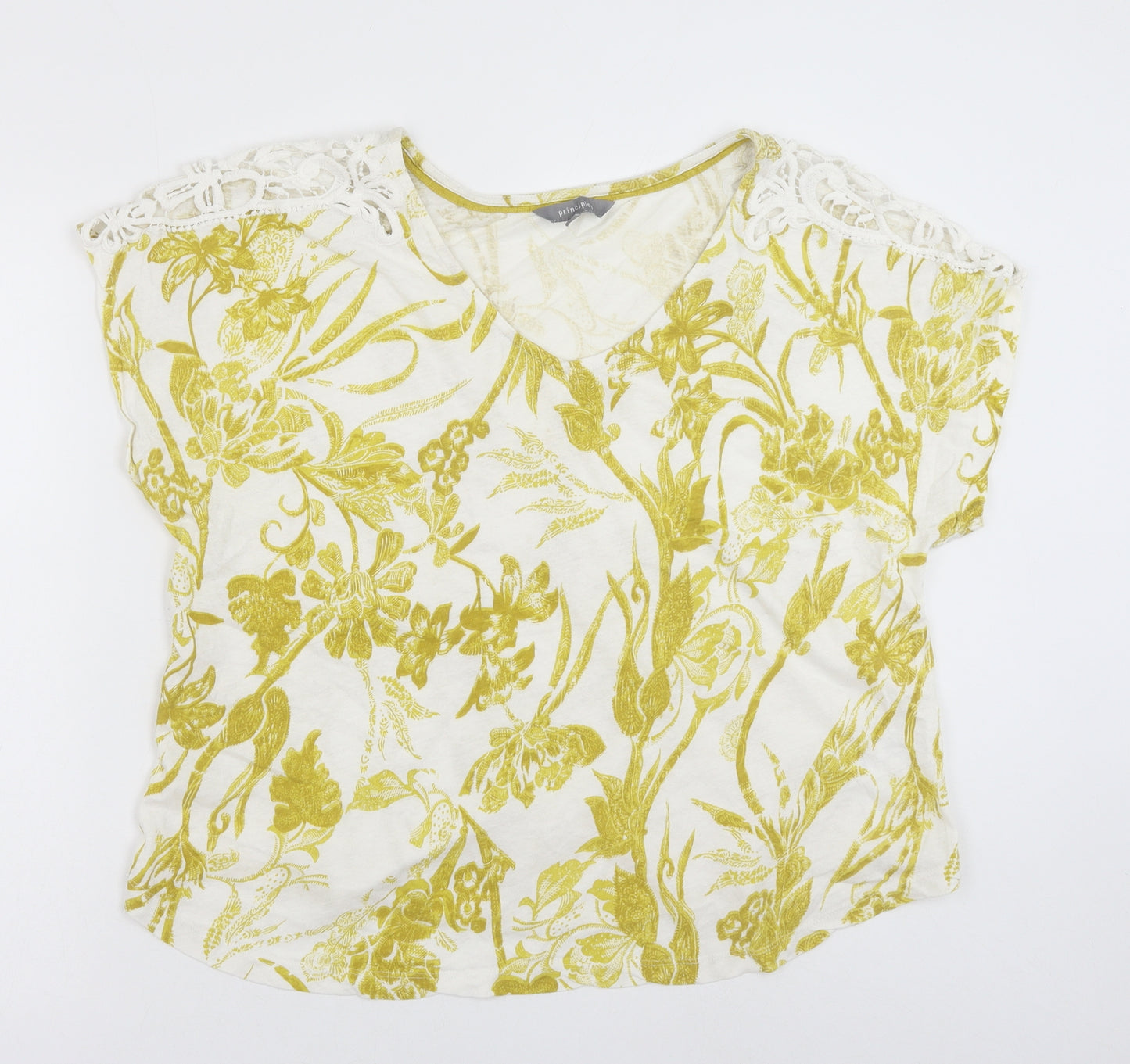 Debenhams Womens Yellow Floral Cotton Basic Blouse Size 16 V-Neck