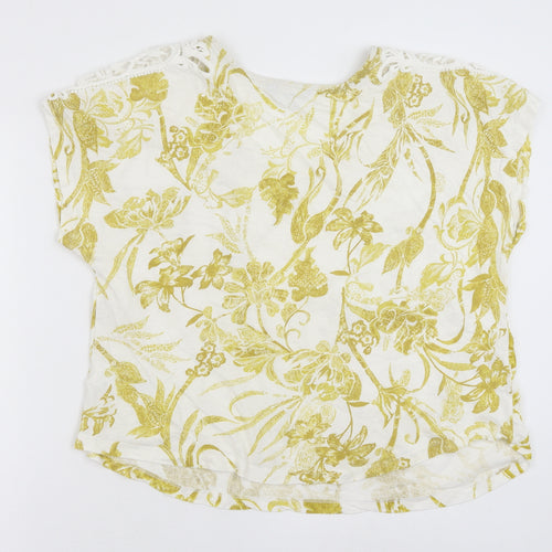 Debenhams Womens Yellow Floral Cotton Basic Blouse Size 16 V-Neck