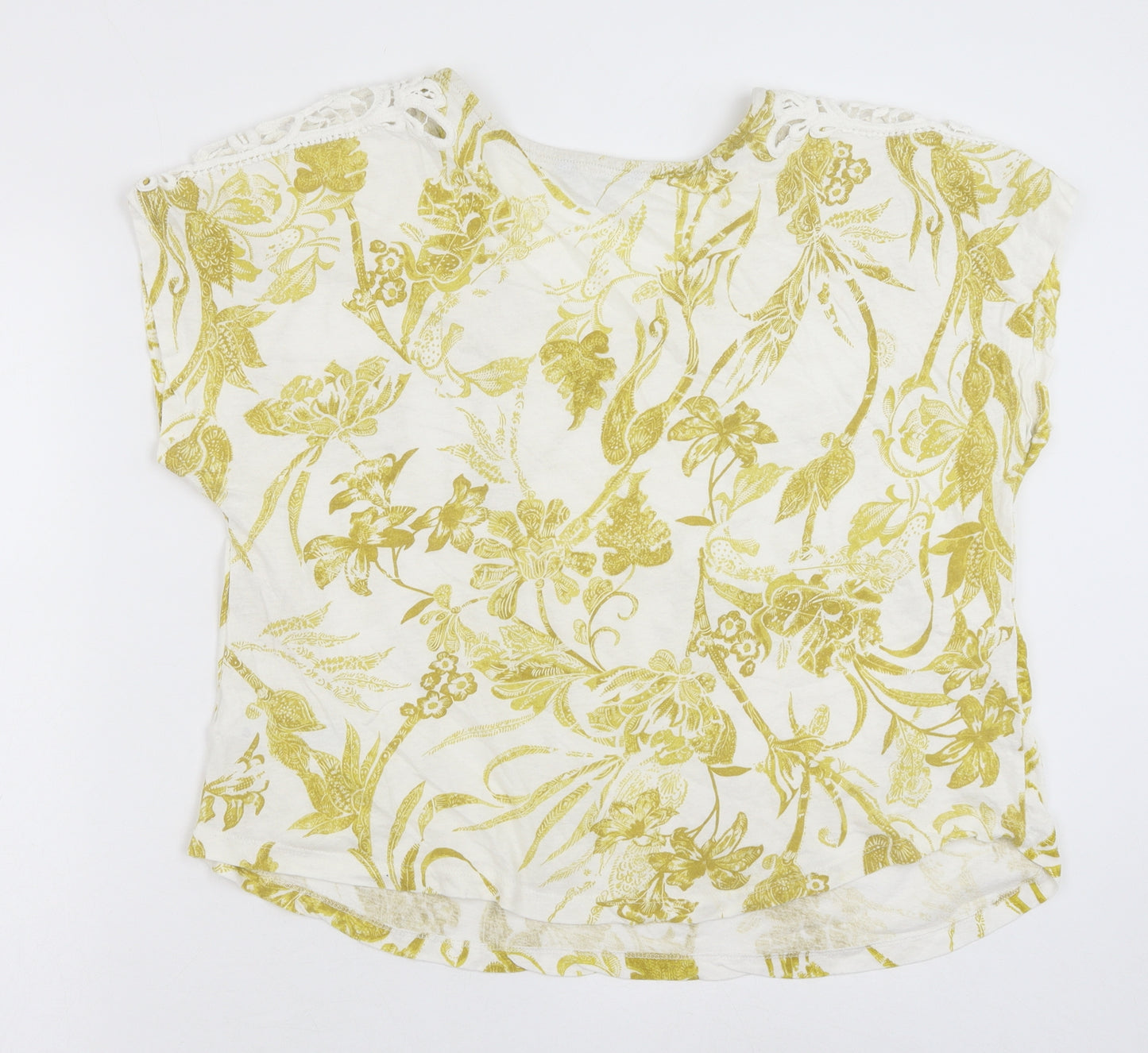 Debenhams Womens Yellow Floral Cotton Basic Blouse Size 16 V-Neck