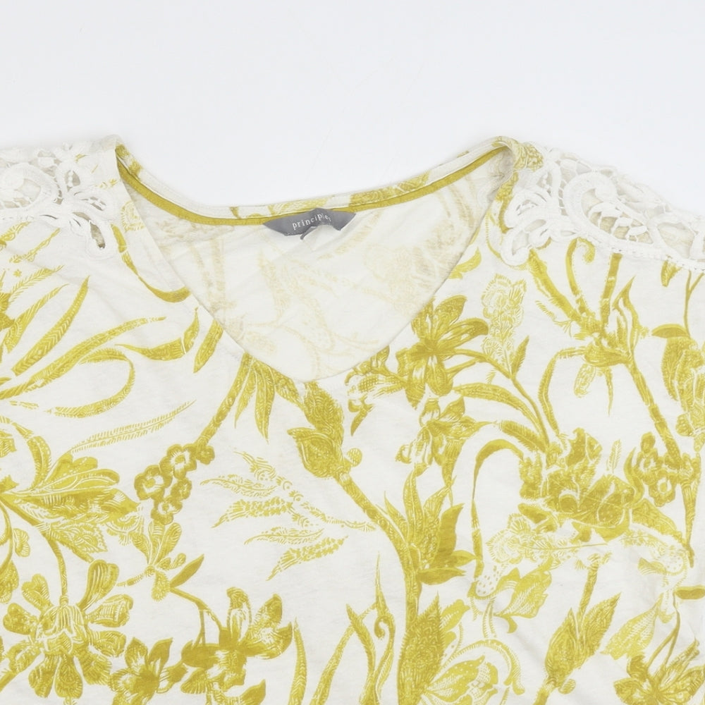 Debenhams Womens Yellow Floral Cotton Basic Blouse Size 16 V-Neck