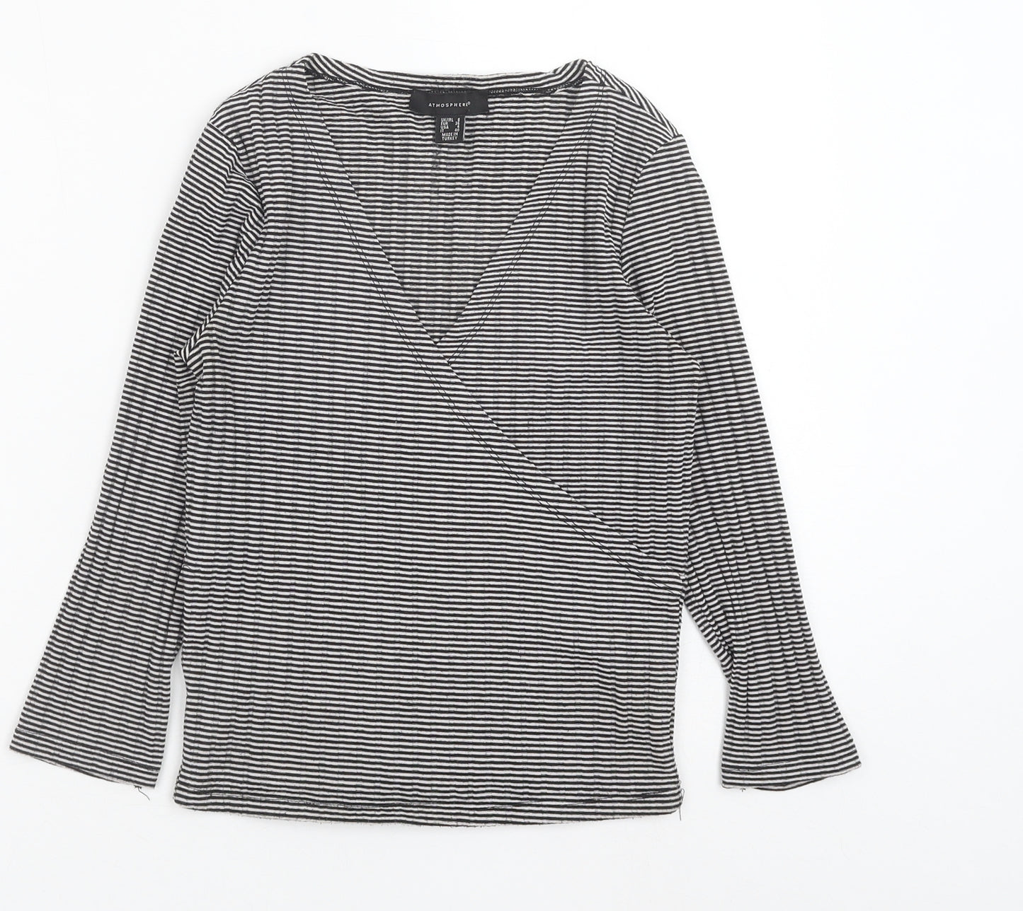 Atmosphere Womens Black Striped Polyester Basic Blouse Size 8 V-Neck