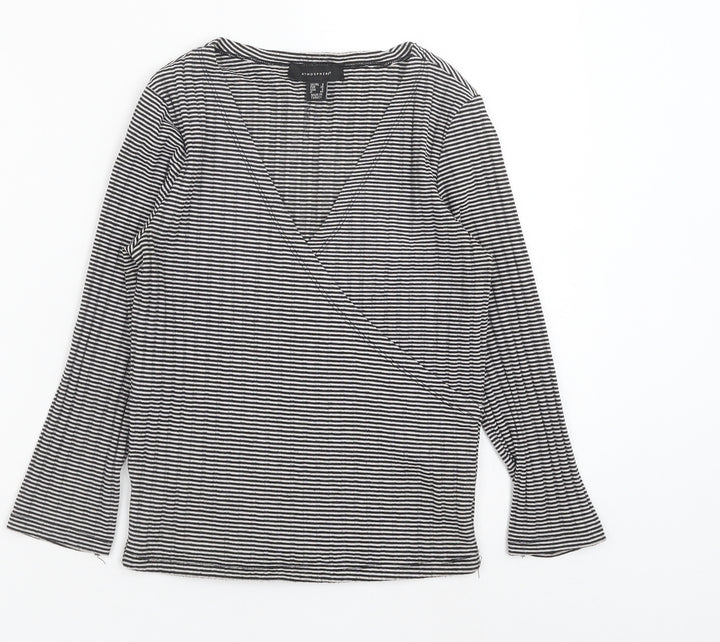 Atmosphere Womens Black Striped Polyester Basic Blouse Size 8 V-Neck