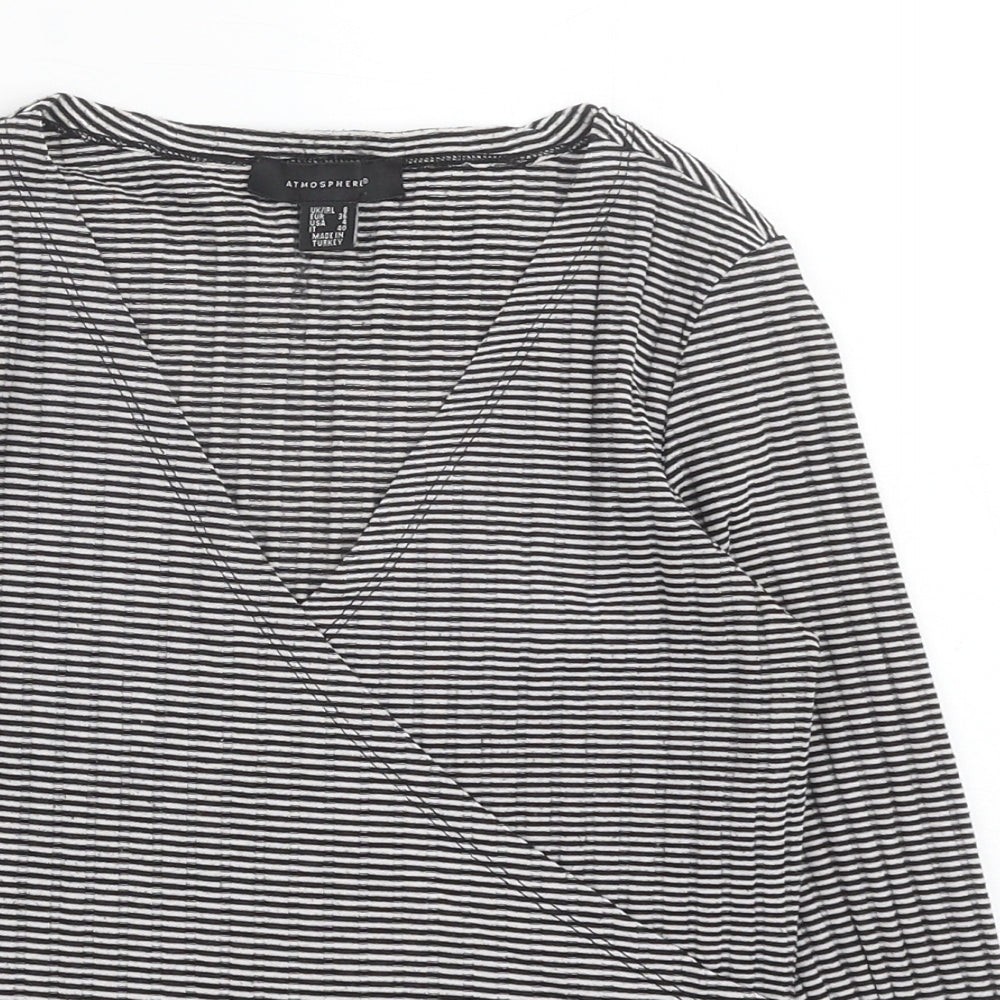 Atmosphere Womens Black Striped Polyester Basic Blouse Size 8 V-Neck