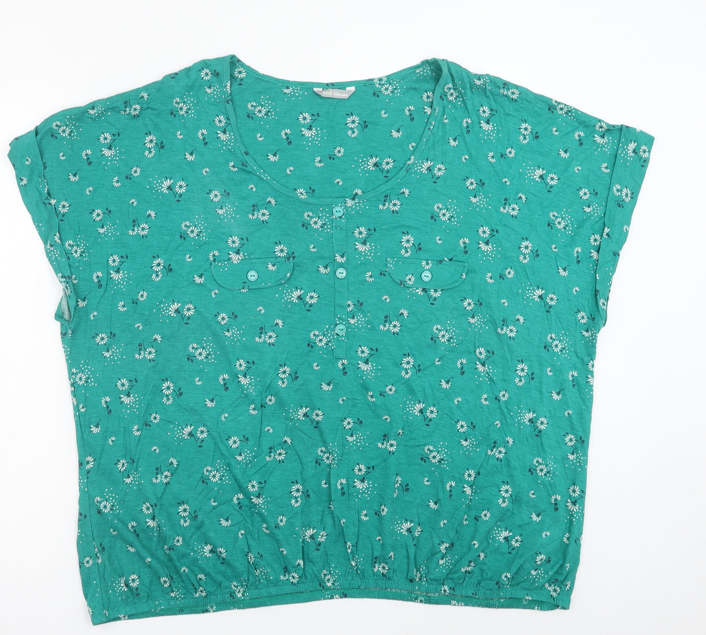 Marks and Spencer Womens Green Floral Viscose Basic T-Shirt Size 24 Round Neck