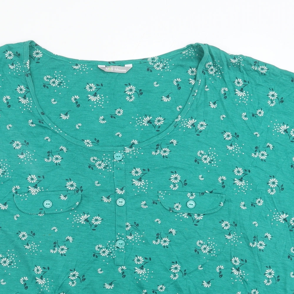 Marks and Spencer Womens Green Floral Viscose Basic T-Shirt Size 24 Round Neck