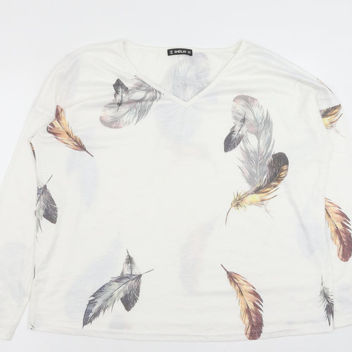 Sheilay Womens White Geometric Polyester Basic Blouse Size M V-Neck - Feather Print