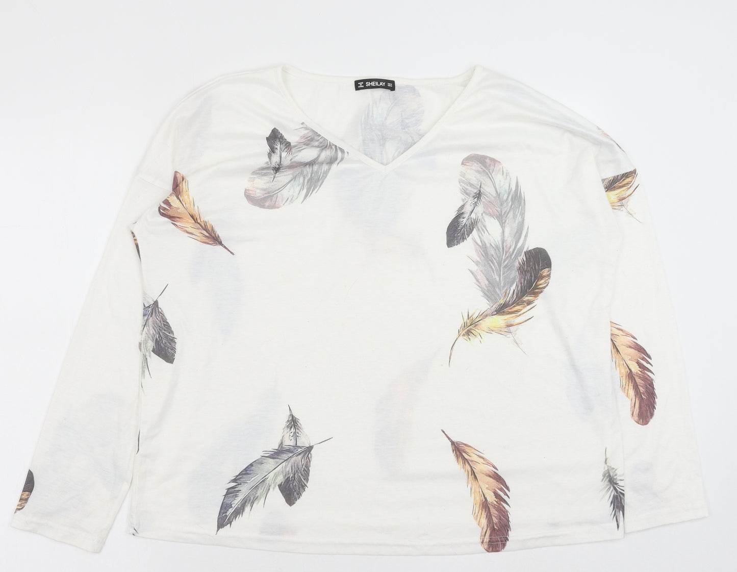 Sheilay Womens White Geometric Polyester Basic Blouse Size M V-Neck - Feather Print