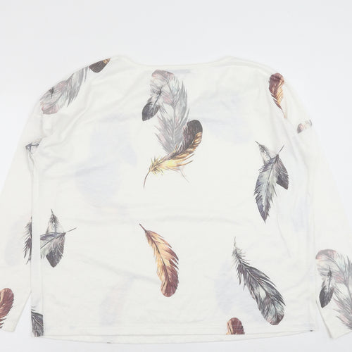 Sheilay Womens White Geometric Polyester Basic Blouse Size M V-Neck - Feather Print