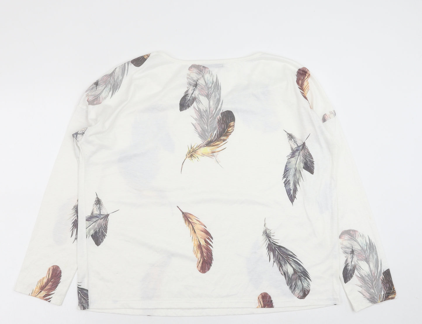 Sheilay Womens White Geometric Polyester Basic Blouse Size M V-Neck - Feather Print