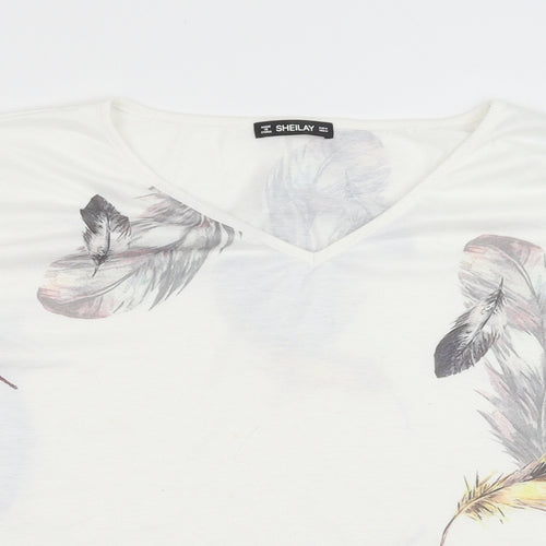 Sheilay Womens White Geometric Polyester Basic Blouse Size M V-Neck - Feather Print