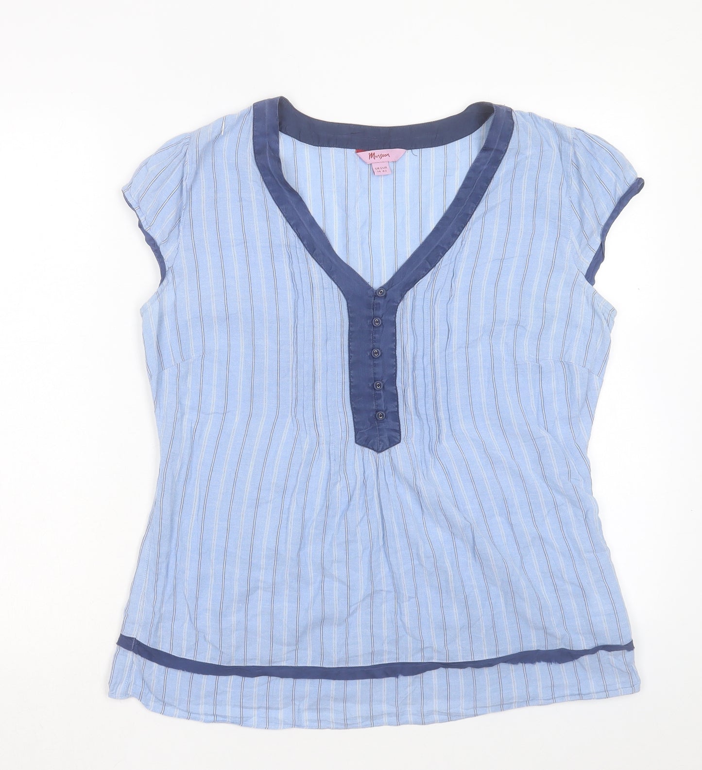 Monsoon Womens Blue Striped Cotton Basic Blouse Size 14 V-Neck