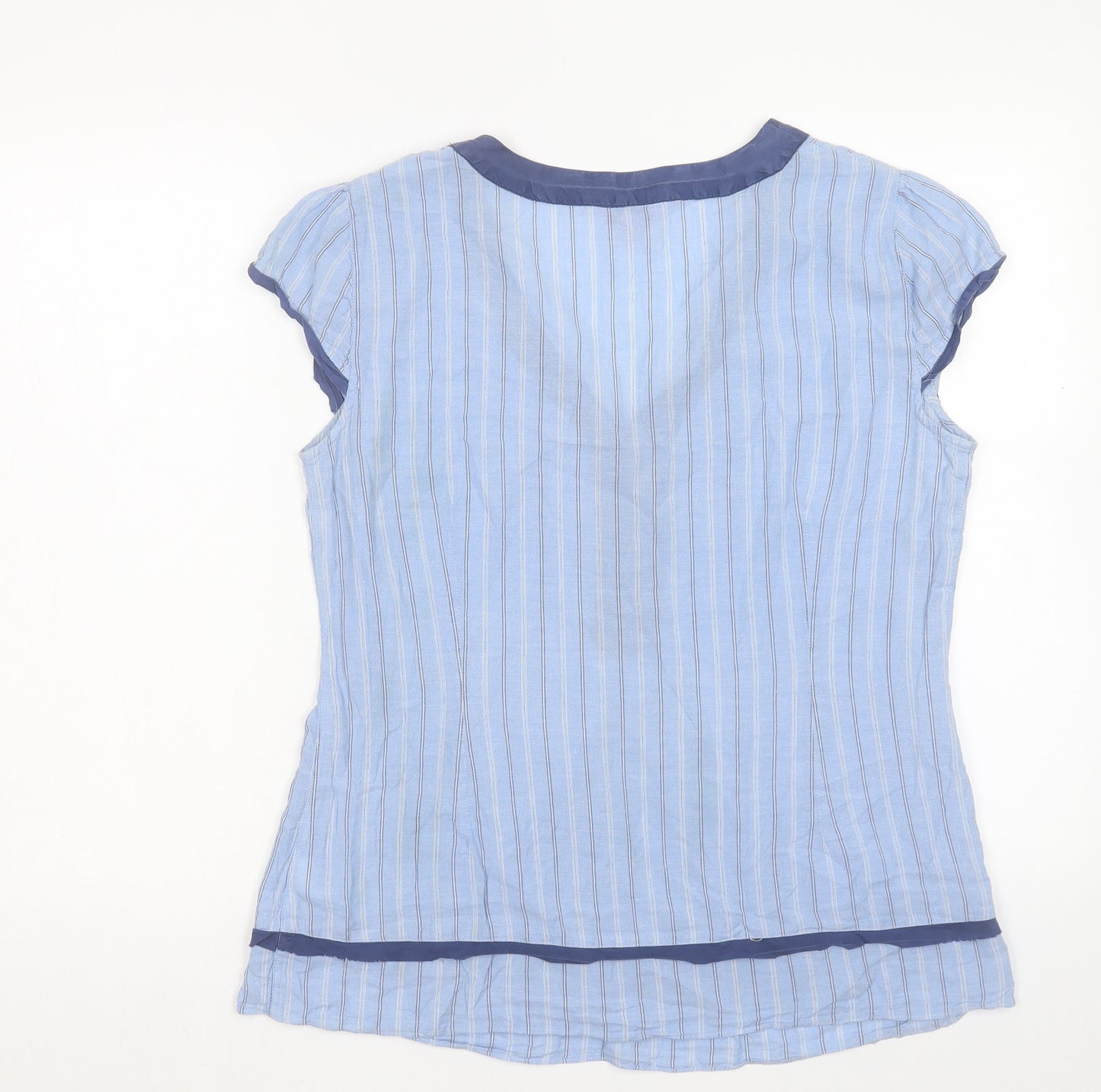 Monsoon Womens Blue Striped Cotton Basic Blouse Size 14 V-Neck