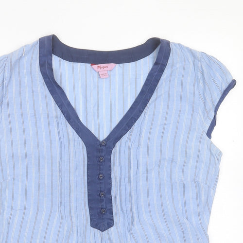 Monsoon Womens Blue Striped Cotton Basic Blouse Size 14 V-Neck