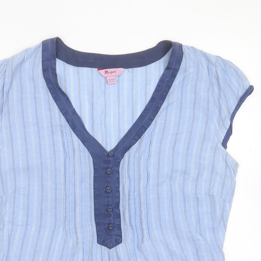 Monsoon Womens Blue Striped Cotton Basic Blouse Size 14 V-Neck