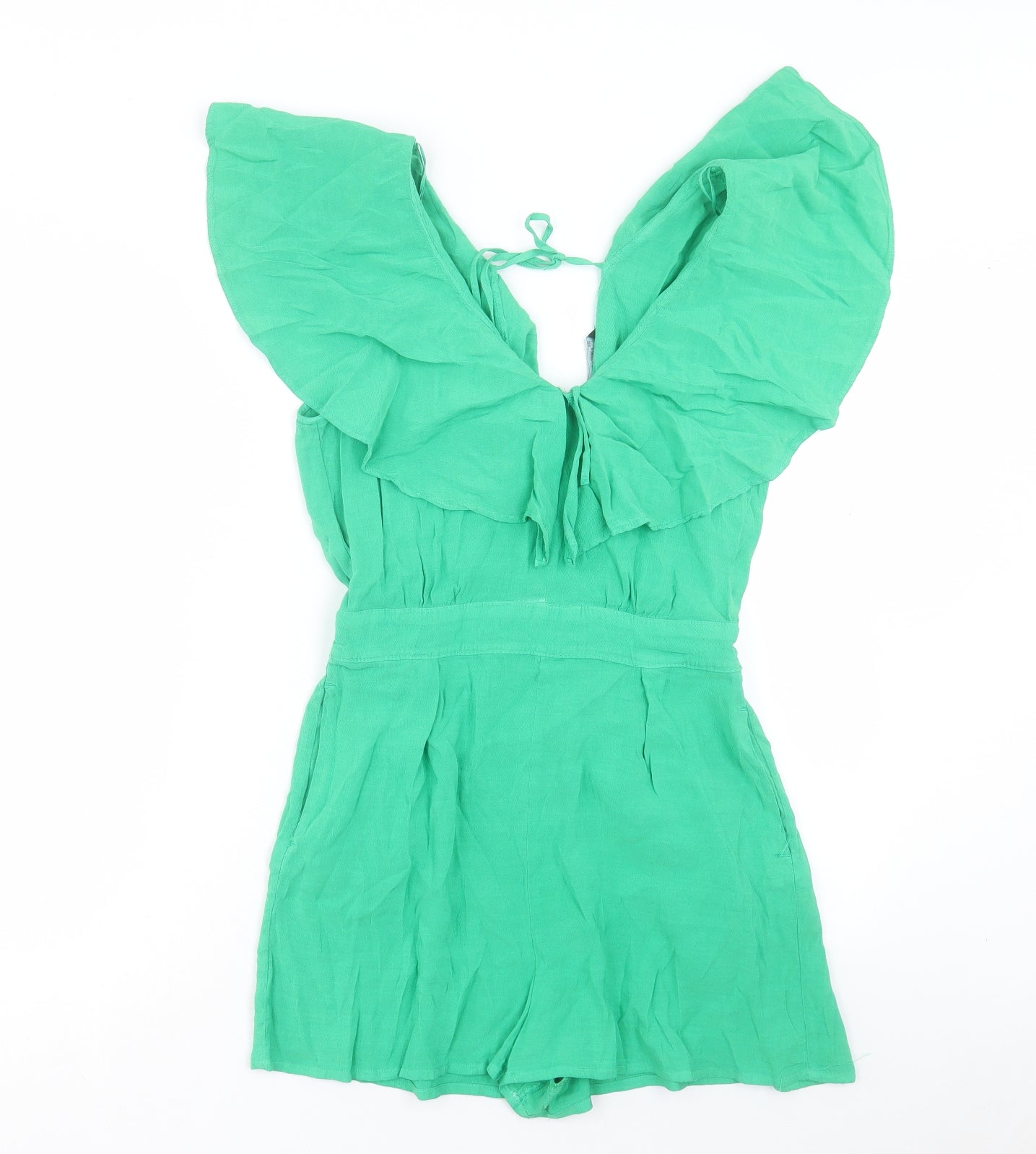 Zara Womens Green Linen Jumpsuit One-Piece Size S Tie