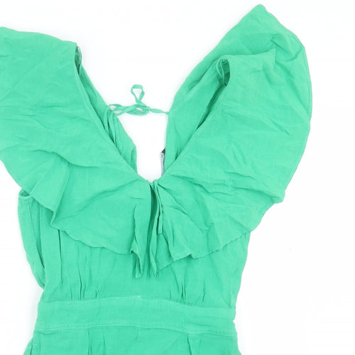 Zara Womens Green Linen Jumpsuit One-Piece Size S Tie