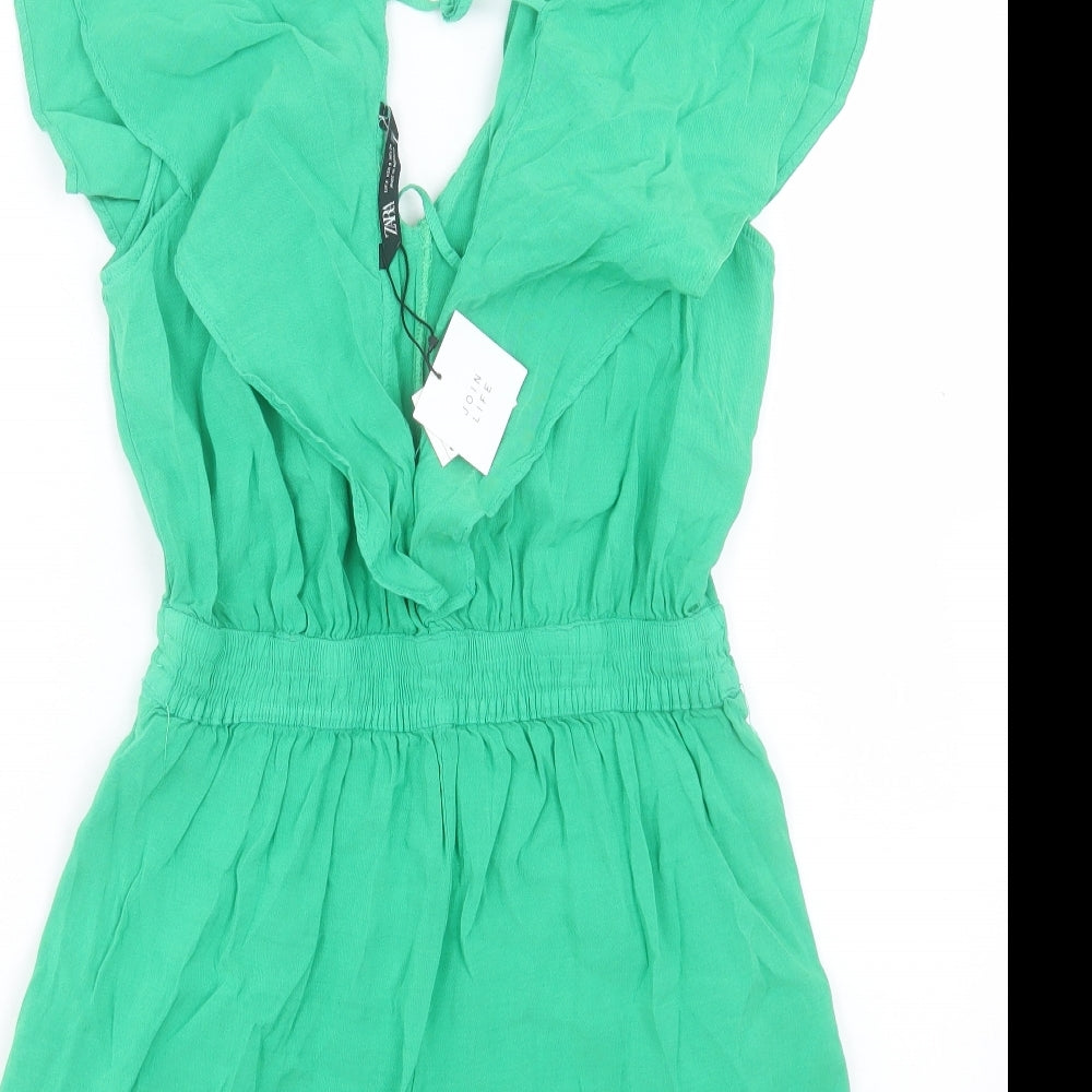 Zara Womens Green Linen Jumpsuit One-Piece Size S Tie