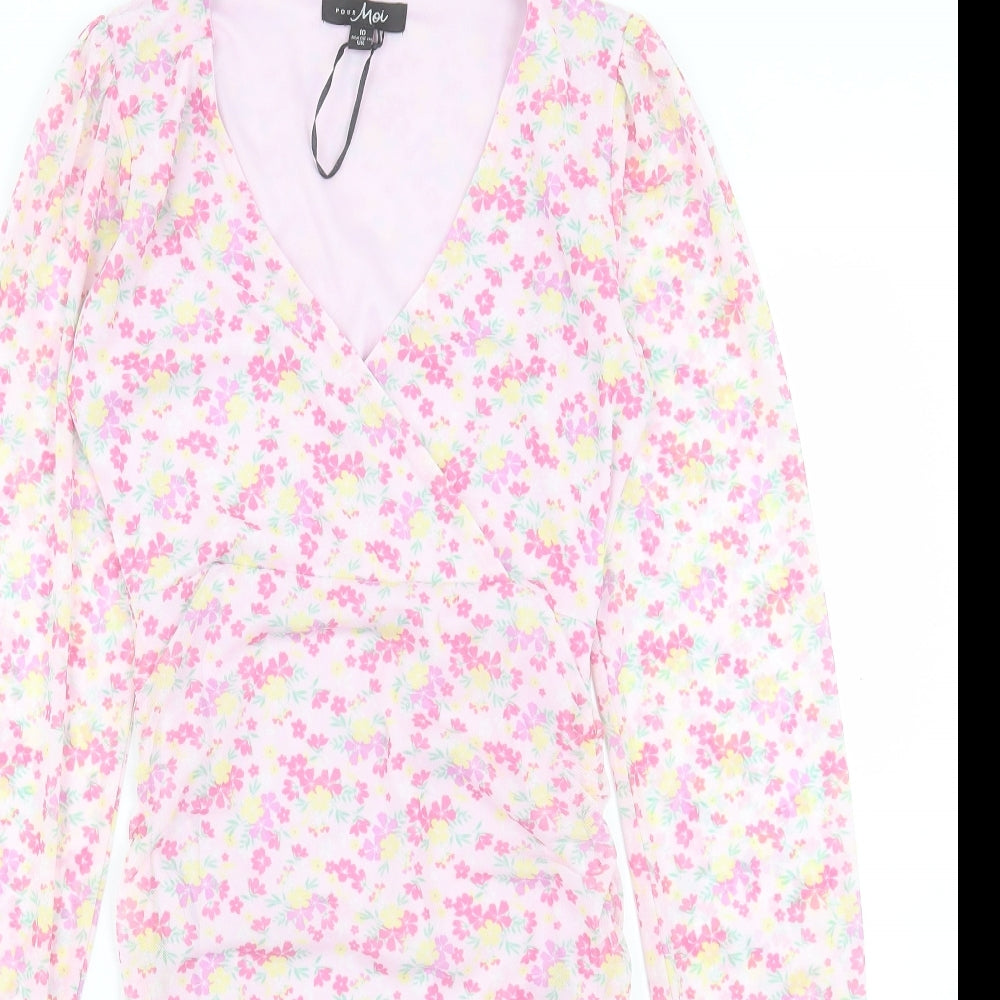 Pure Moi Womens Pink Floral Polyester Shift Size 10 V-Neck Pullover
