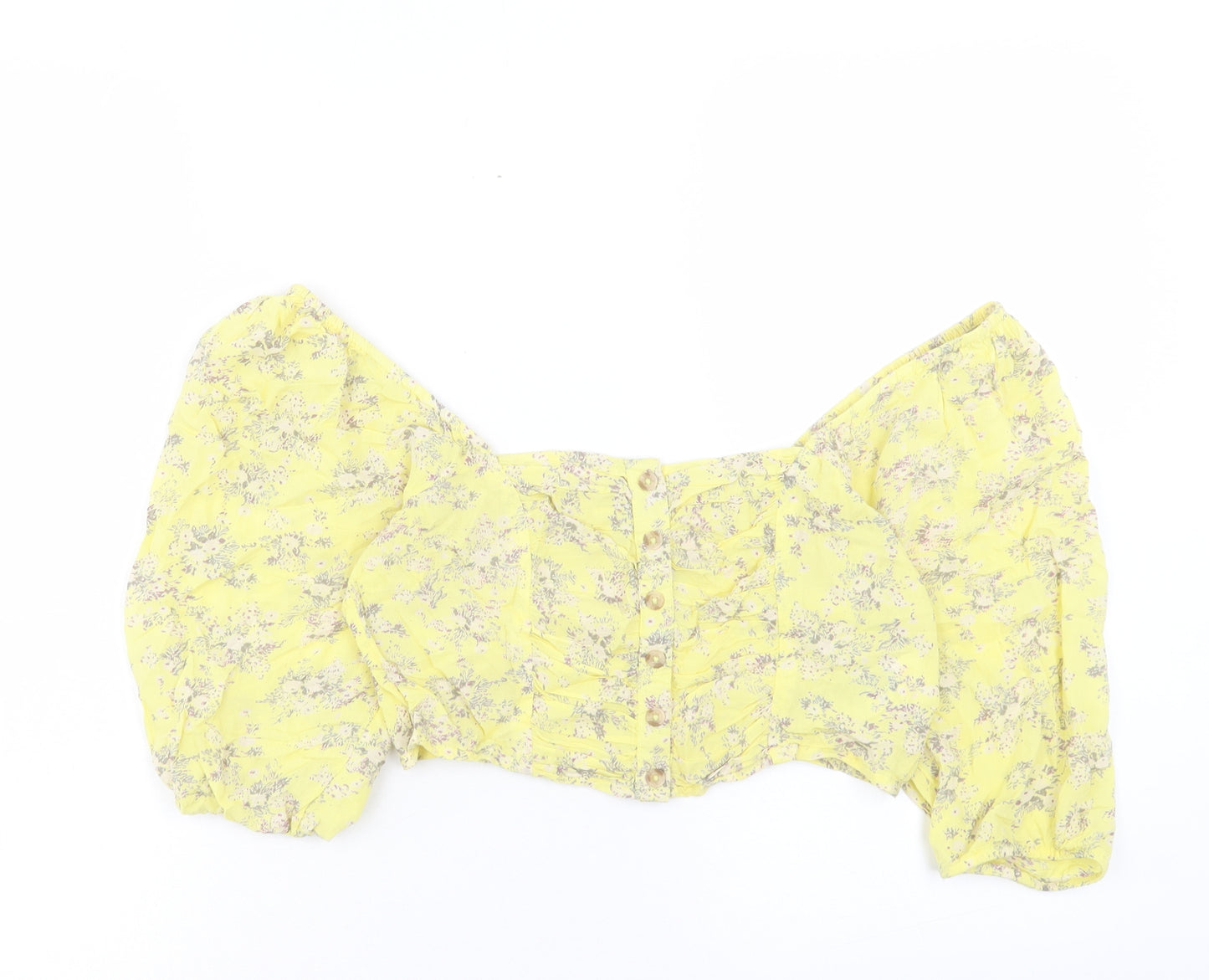 Urban Outfitters Womens Yellow Floral Viscose Cropped T-Shirt Size S Off the Shoulder
