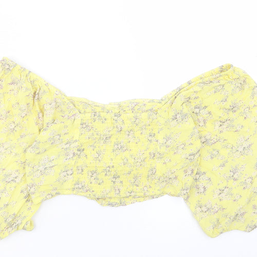 Urban Outfitters Womens Yellow Floral Viscose Cropped T-Shirt Size S Off the Shoulder
