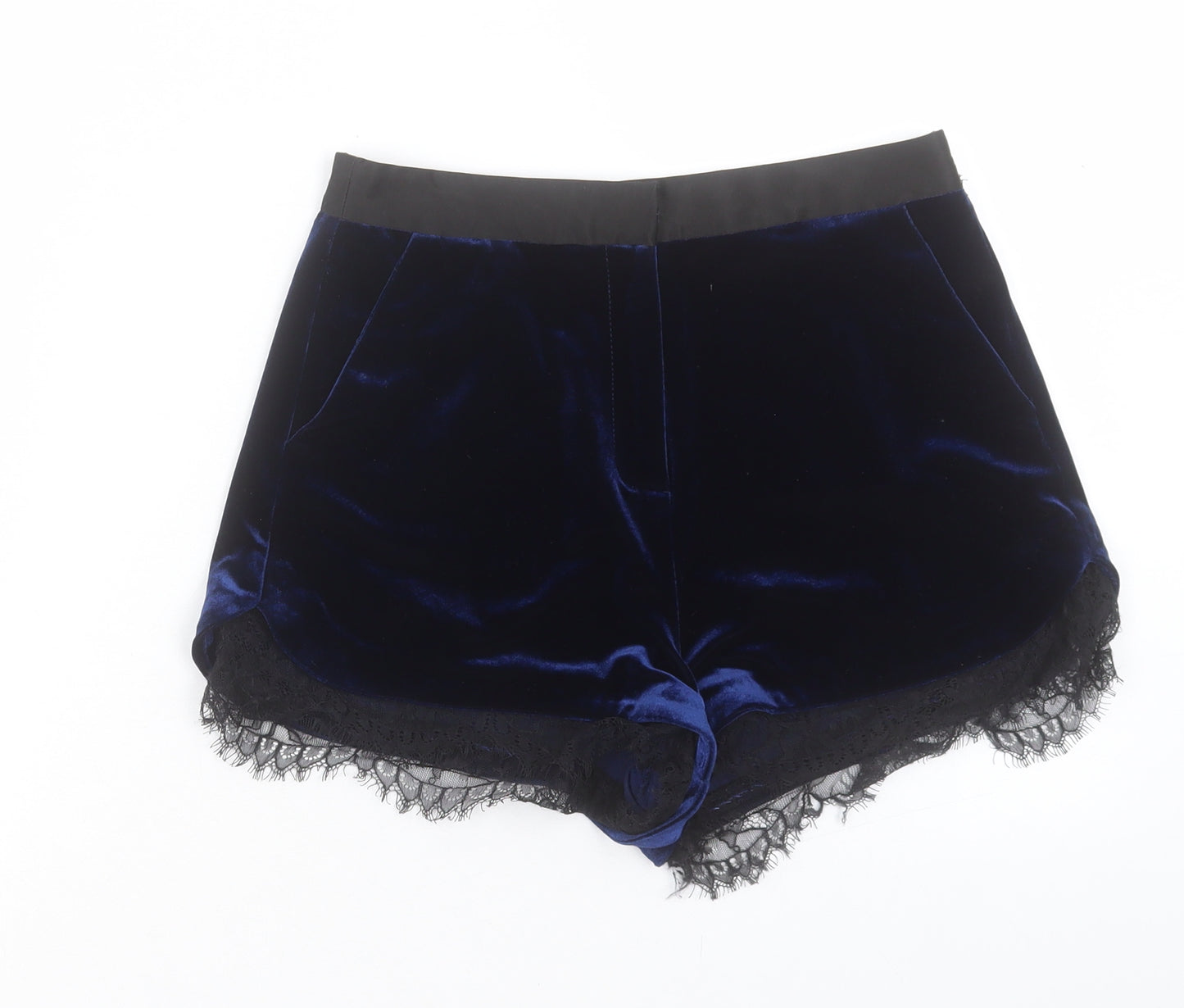 Topshop Womens Blue Polyester Hot Pants Shorts Size 6 Regular Hook & Eye - Lace Detail