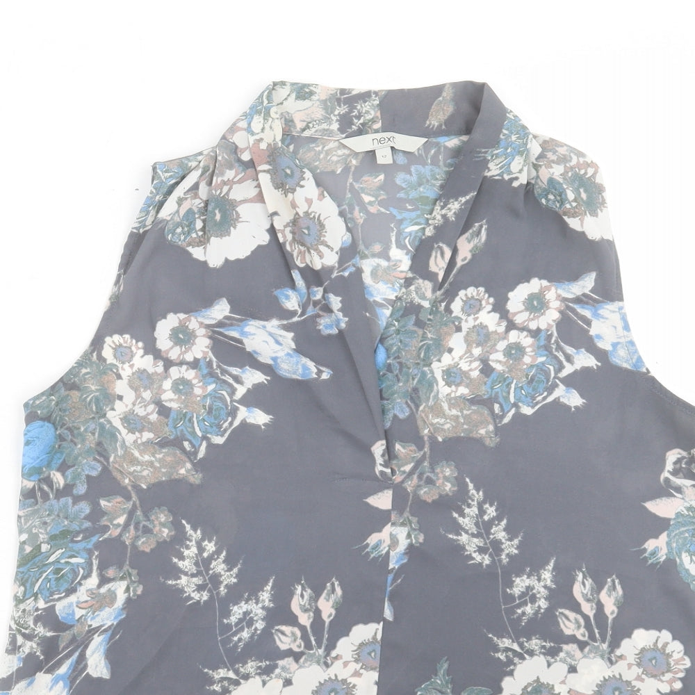 NEXT Womens Grey Floral Polyester Basic Blouse Size 12 V-Neck