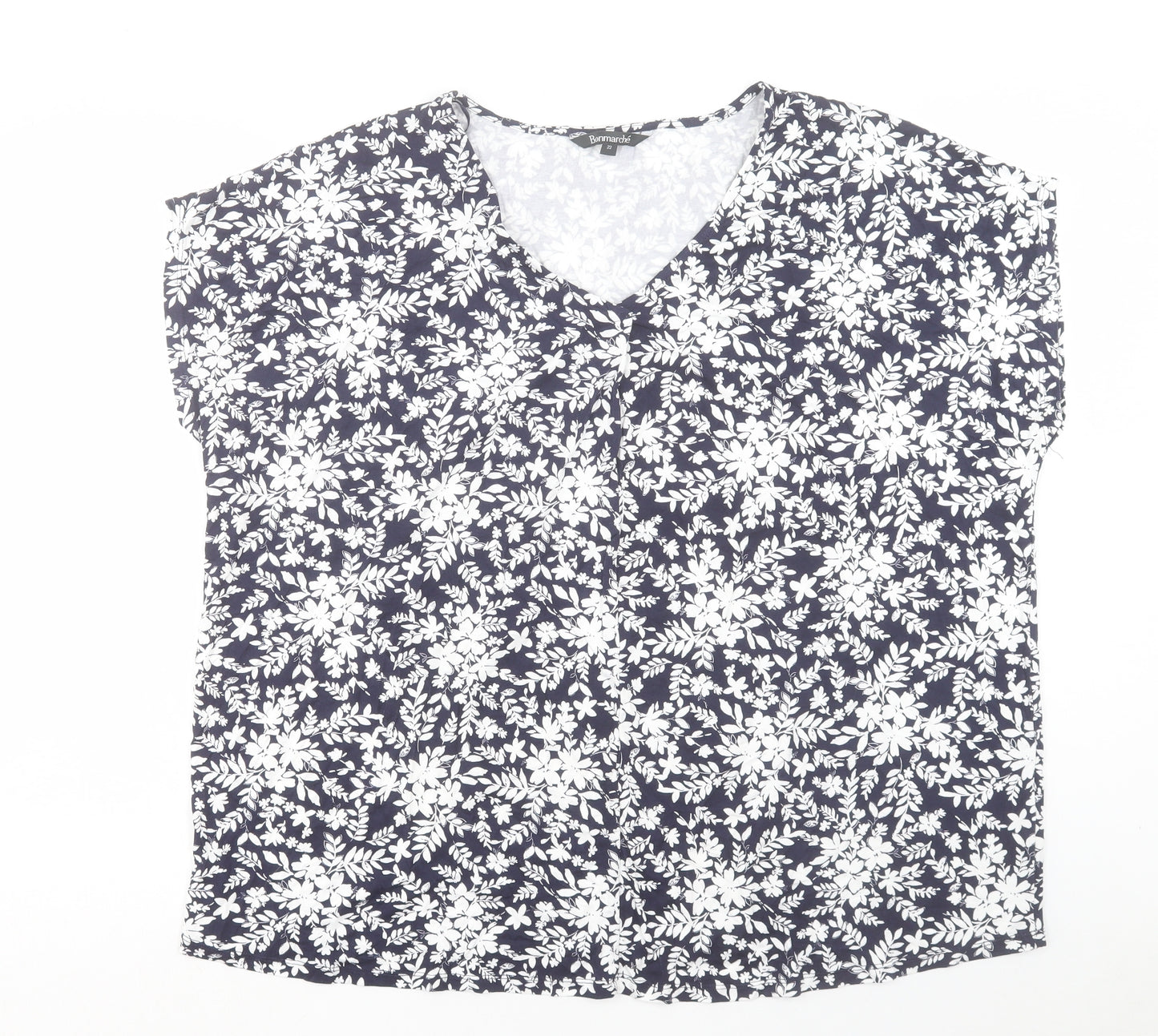 Bonmarché Womens Blue Floral Viscose Basic T-Shirt Size 22 V-Neck
