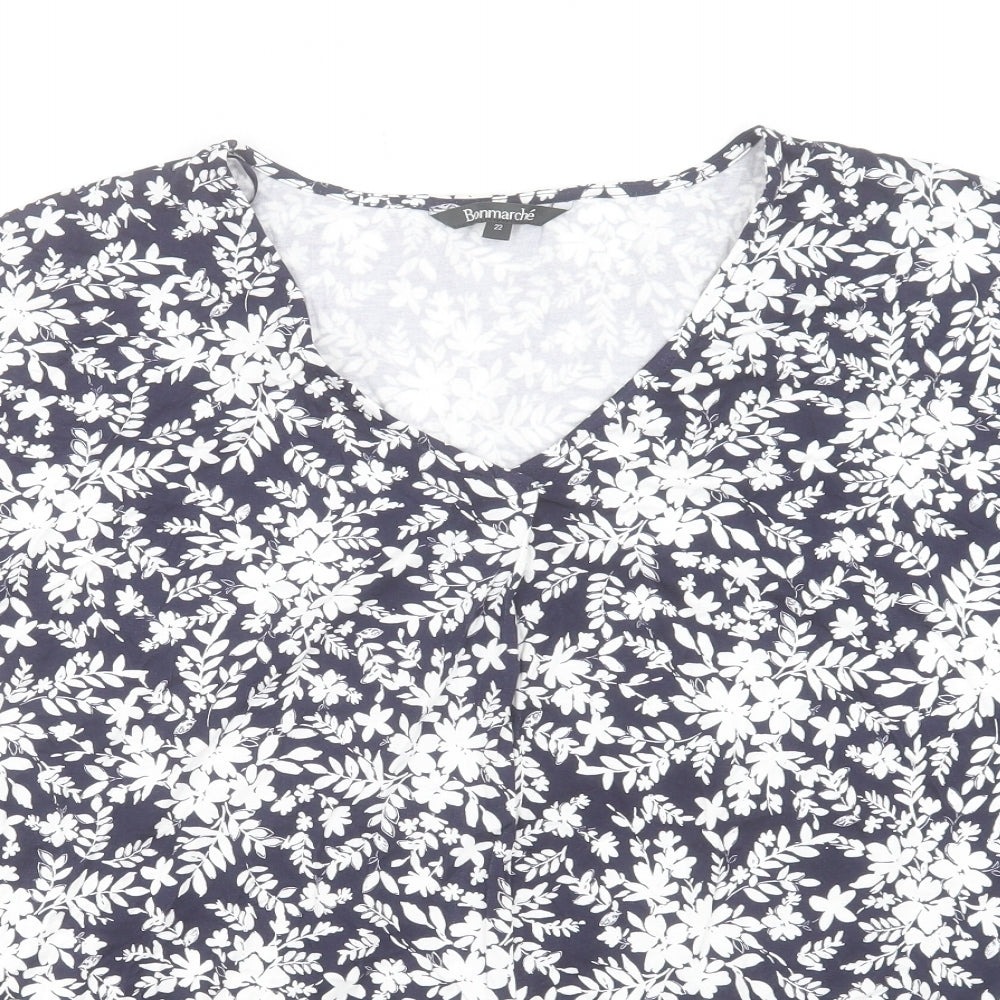 Bonmarché Womens Blue Floral Viscose Basic T-Shirt Size 22 V-Neck