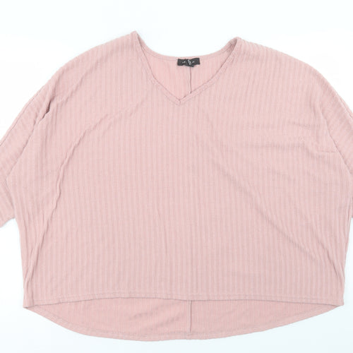 New Look Womens Pink Polyester Basic T-Shirt Size L V-Neck - Ribbed