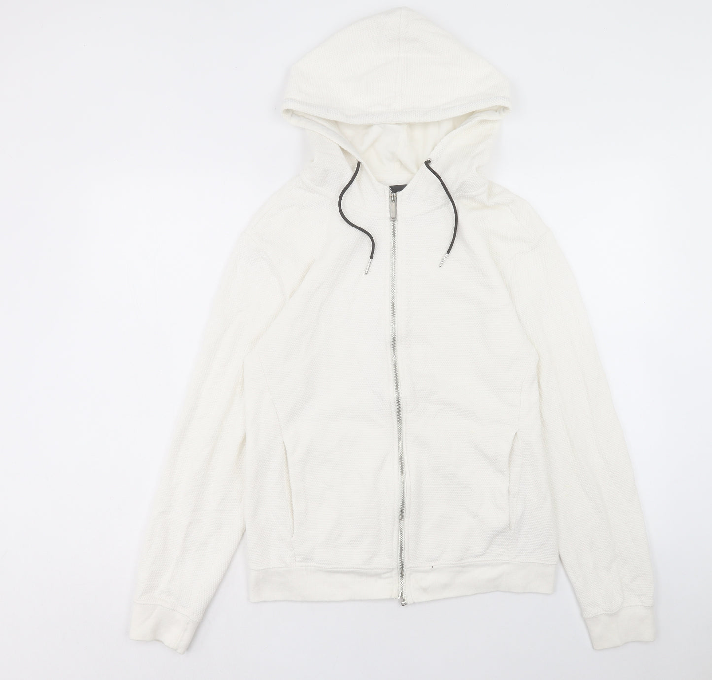 Zara Mens White Cotton Full Zip Hoodie Size L