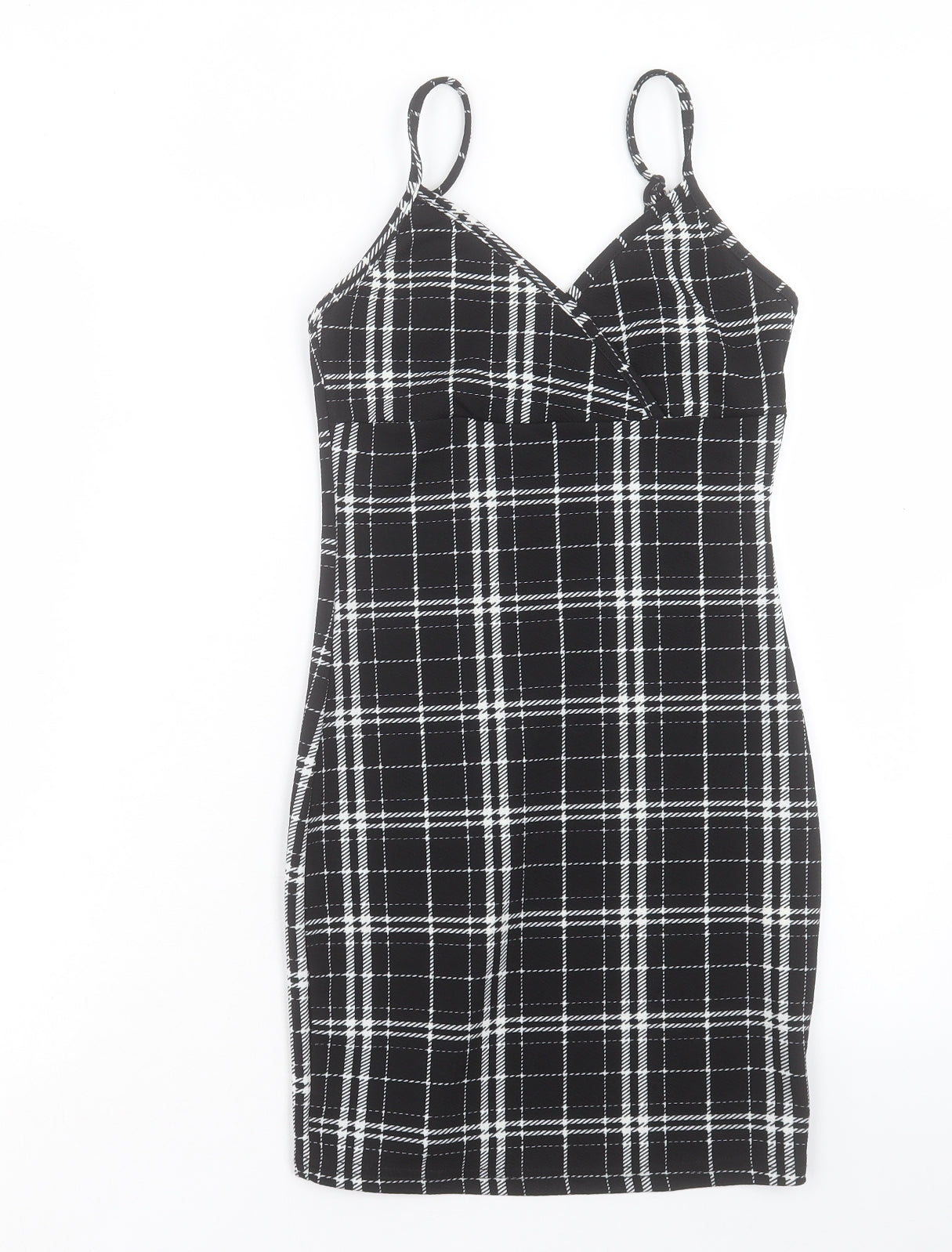SheIn Womens Black Plaid Polyester Bodycon Size XS V-Neck Pullover
