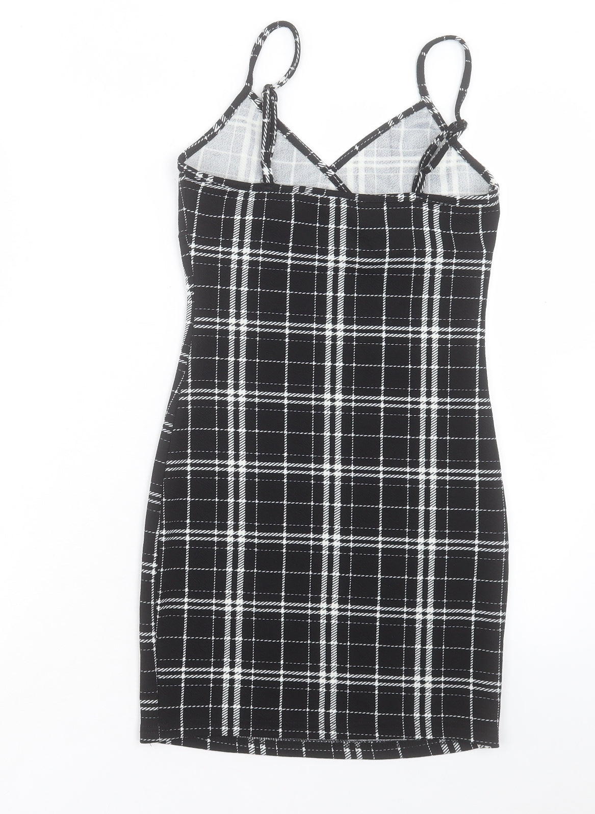 SheIn Womens Black Plaid Polyester Bodycon Size XS V-Neck Pullover