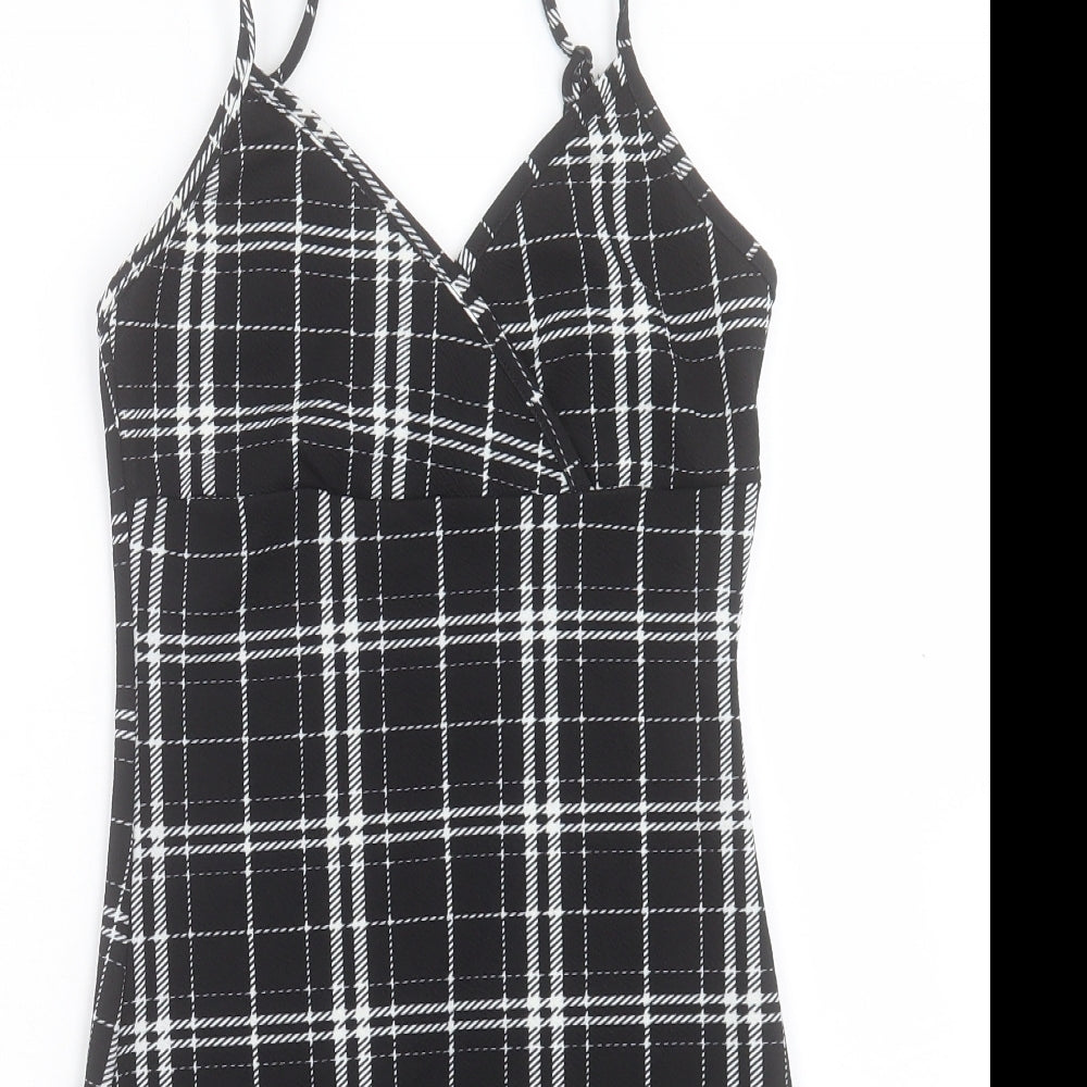 SheIn Womens Black Plaid Polyester Bodycon Size XS V-Neck Pullover