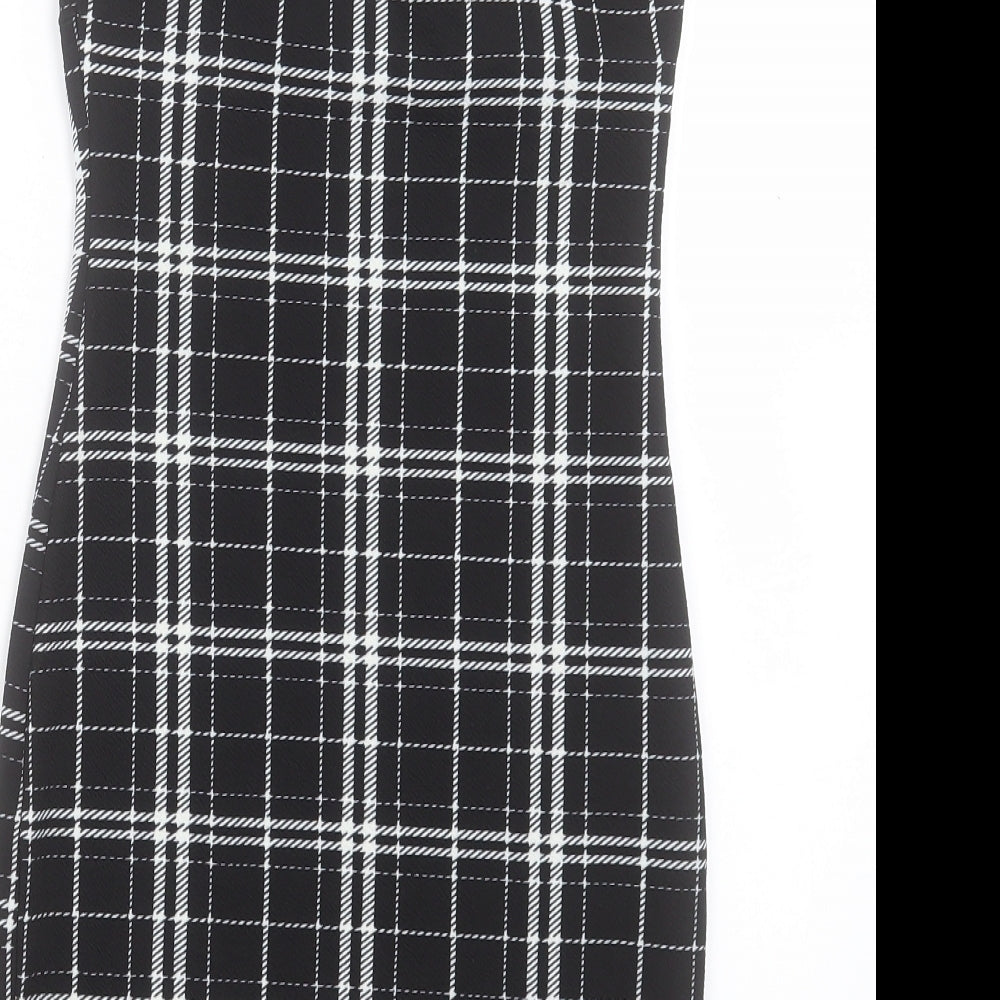 SheIn Womens Black Plaid Polyester Bodycon Size XS V-Neck Pullover