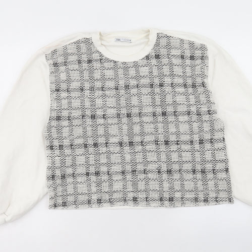 Zara Womens White Plaid Cotton Pullover Sweatshirt Size L Pullover