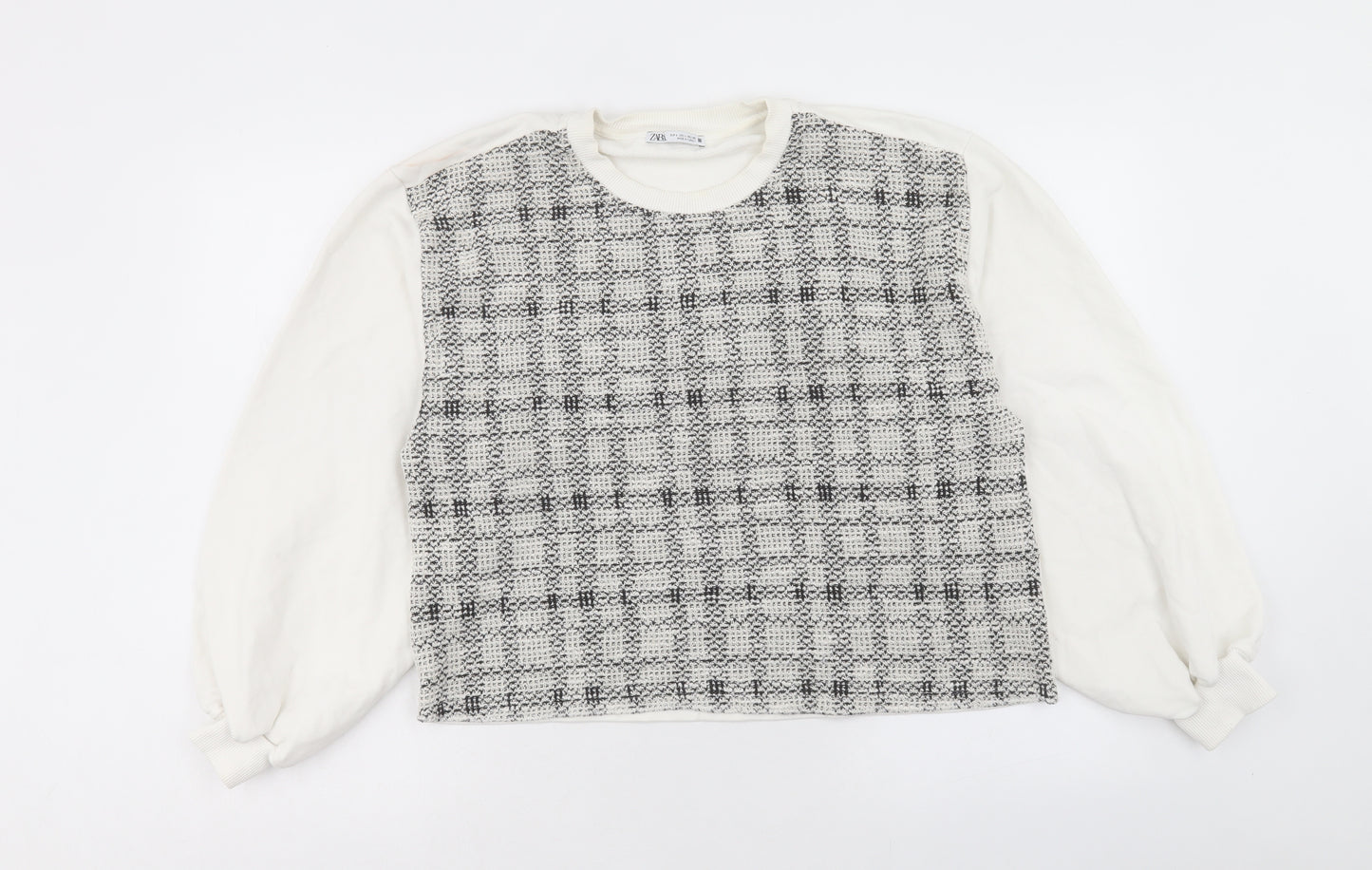 Zara Womens White Plaid Cotton Pullover Sweatshirt Size L Pullover