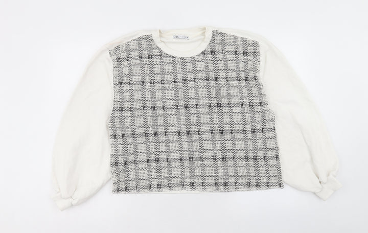 Zara Womens White Plaid Cotton Pullover Sweatshirt Size L Pullover