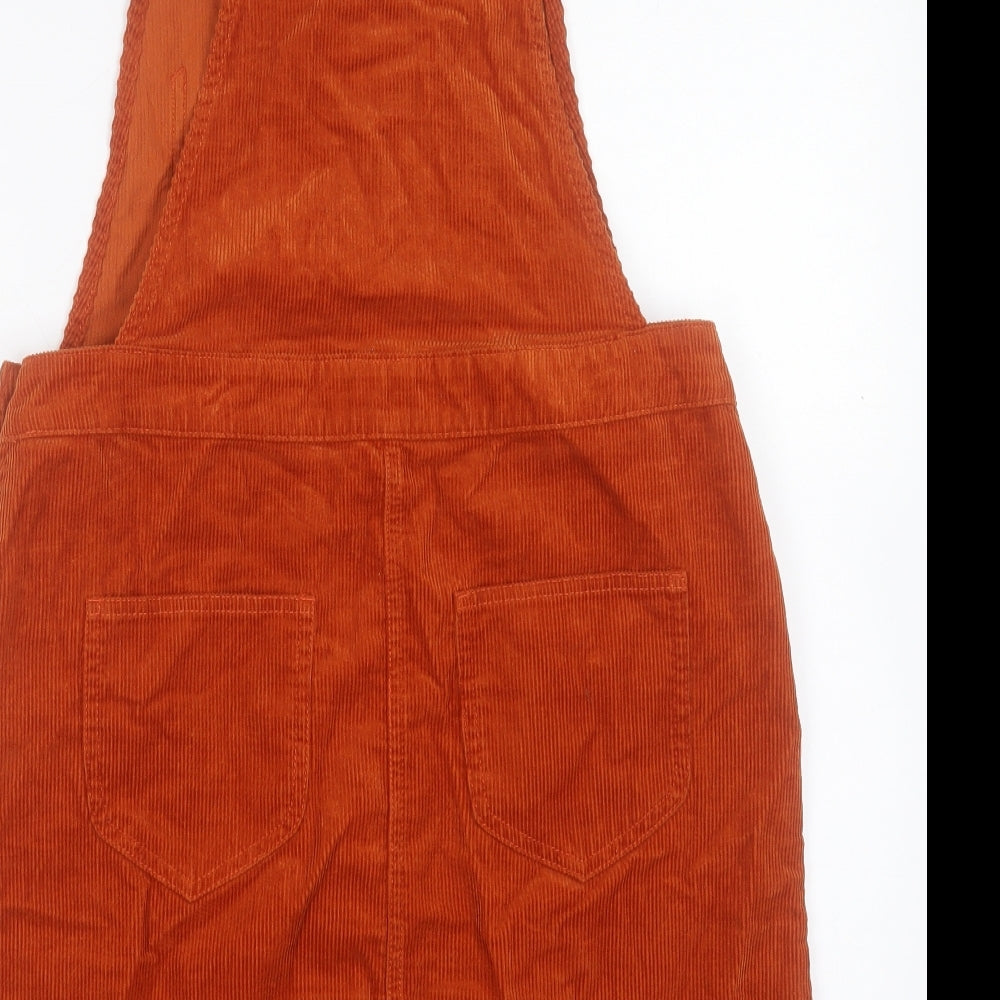 TU Womens Orange Cotton Pinafore/Dungaree Dress Size 12 Square Neck Button