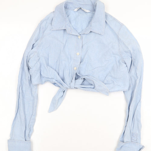Zara Womens Blue Cotton Cropped Button-Up Size M Collared - Knot Front