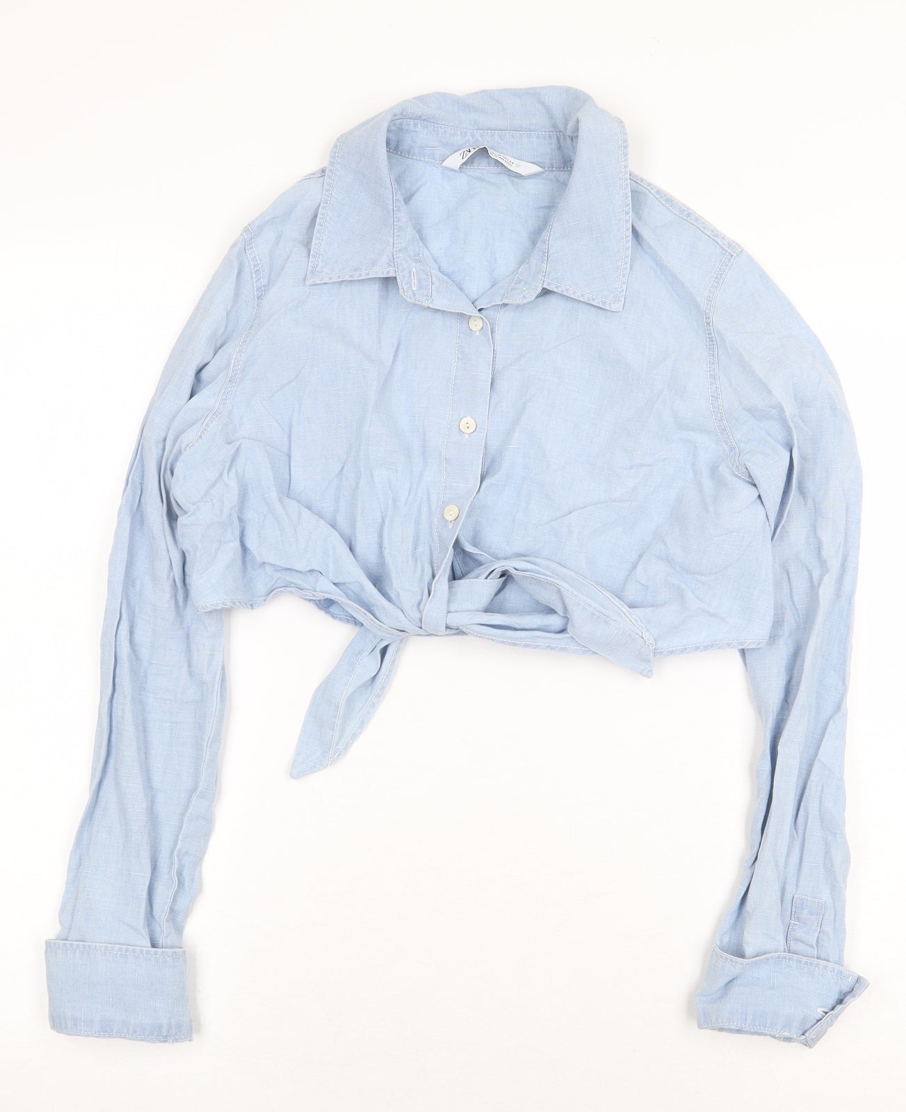 Zara Womens Blue Cotton Cropped Button-Up Size M Collared - Knot Front