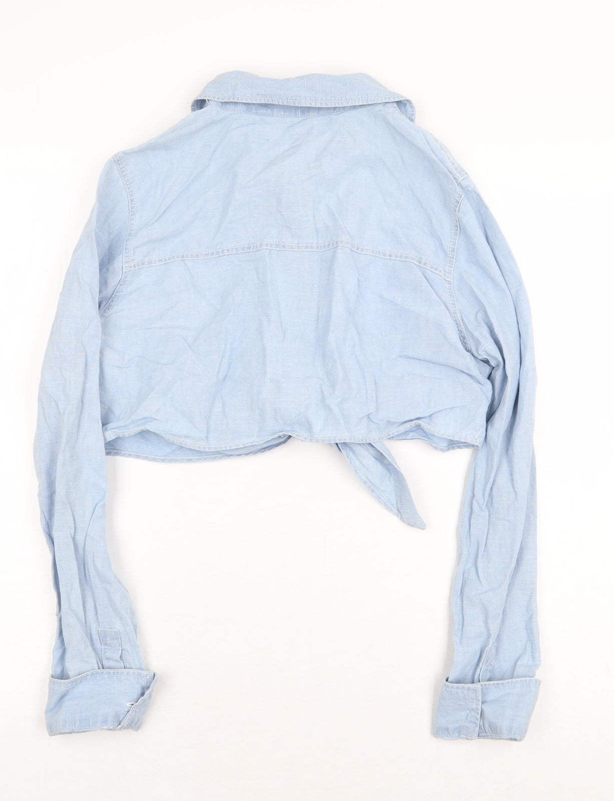 Zara Womens Blue Cotton Cropped Button-Up Size M Collared - Knot Front