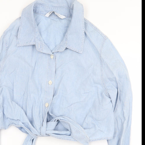 Zara Womens Blue Cotton Cropped Button-Up Size M Collared - Knot Front