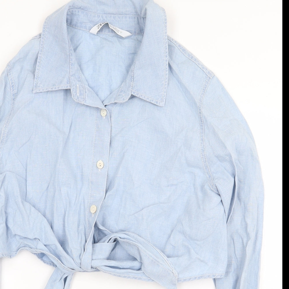 Zara Womens Blue Cotton Cropped Button-Up Size M Collared - Knot Front