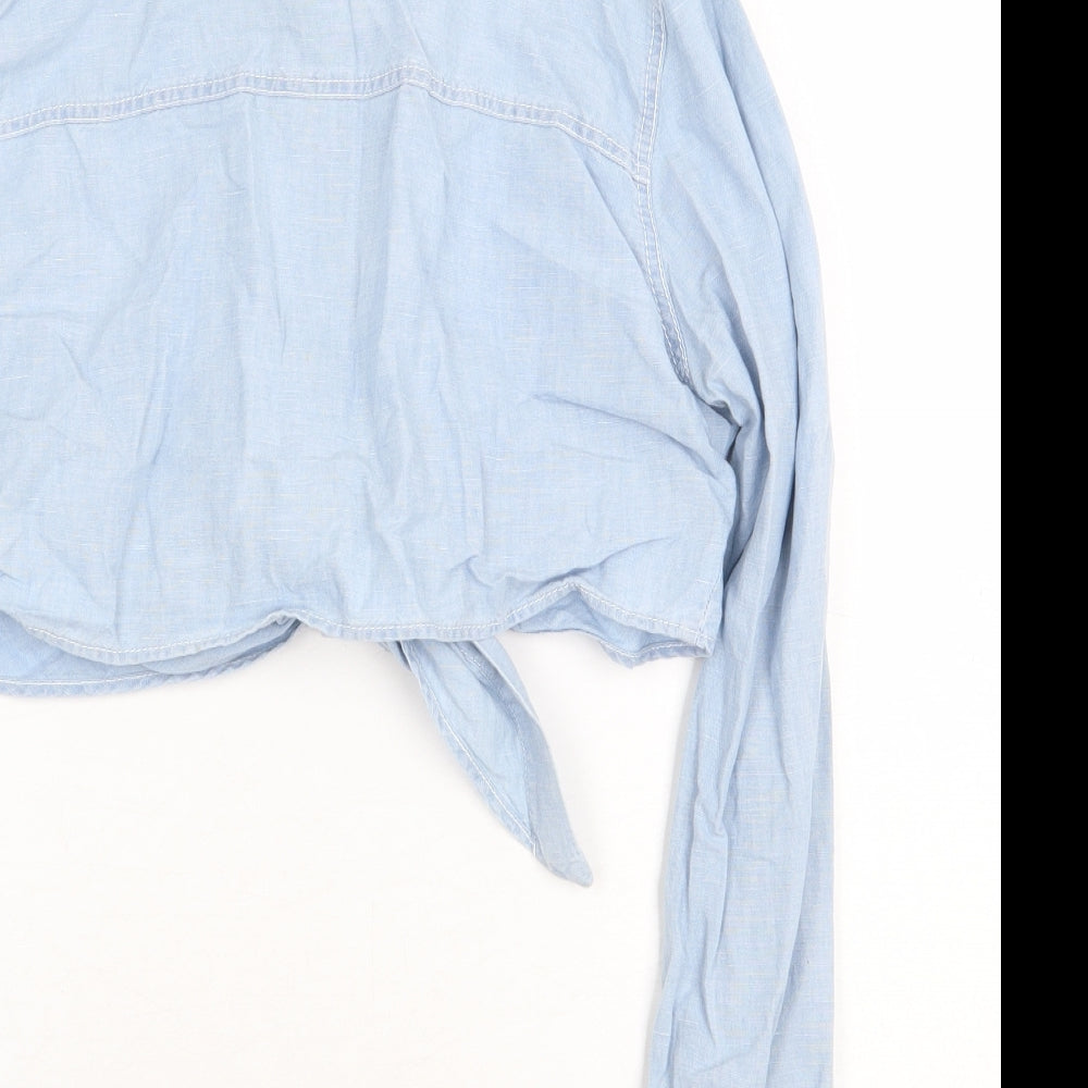 Zara Womens Blue Cotton Cropped Button-Up Size M Collared - Knot Front