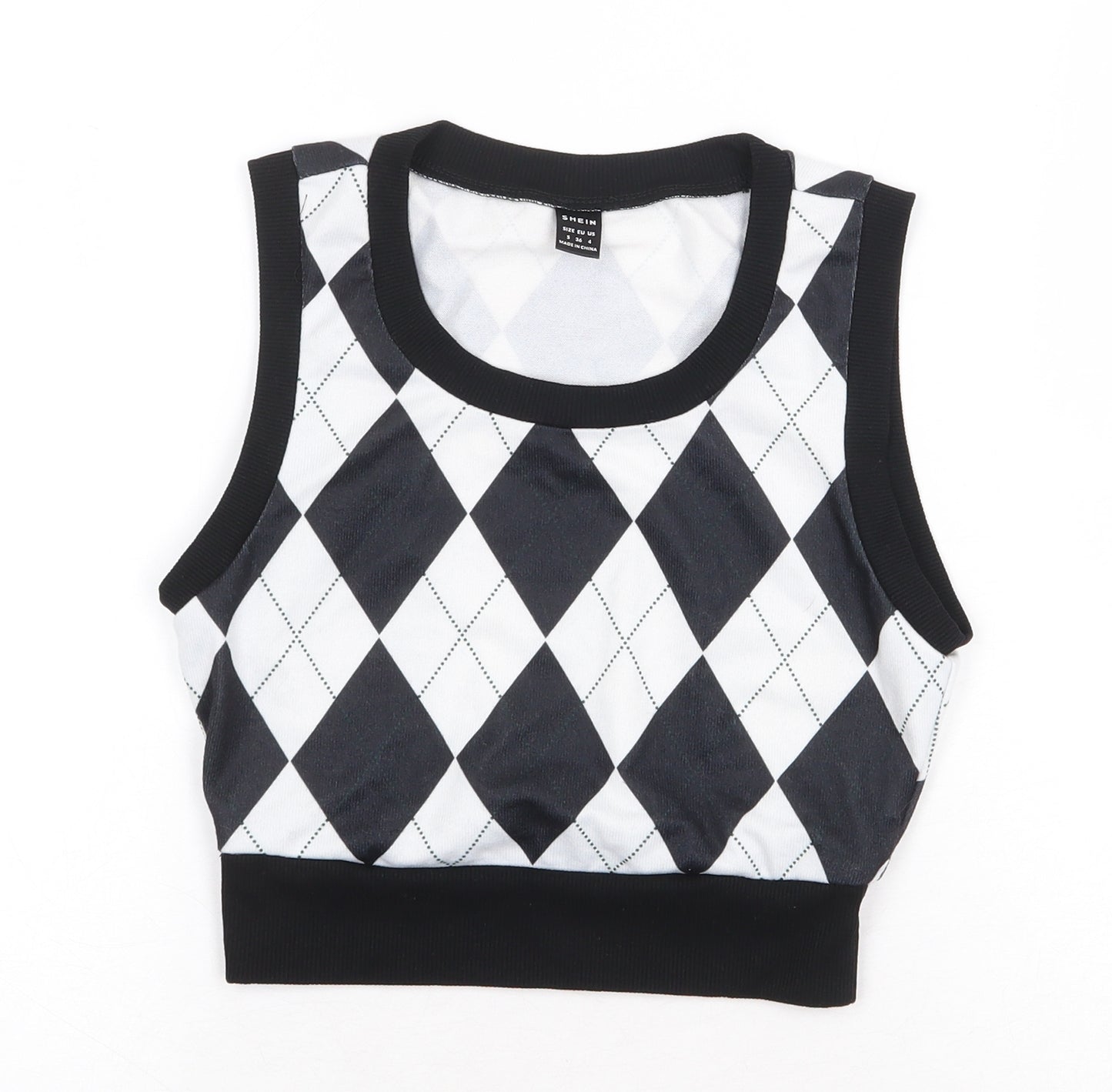 SheIn Womens Black Argyle/Diamond Polyester Cropped Tank Size S Round Neck