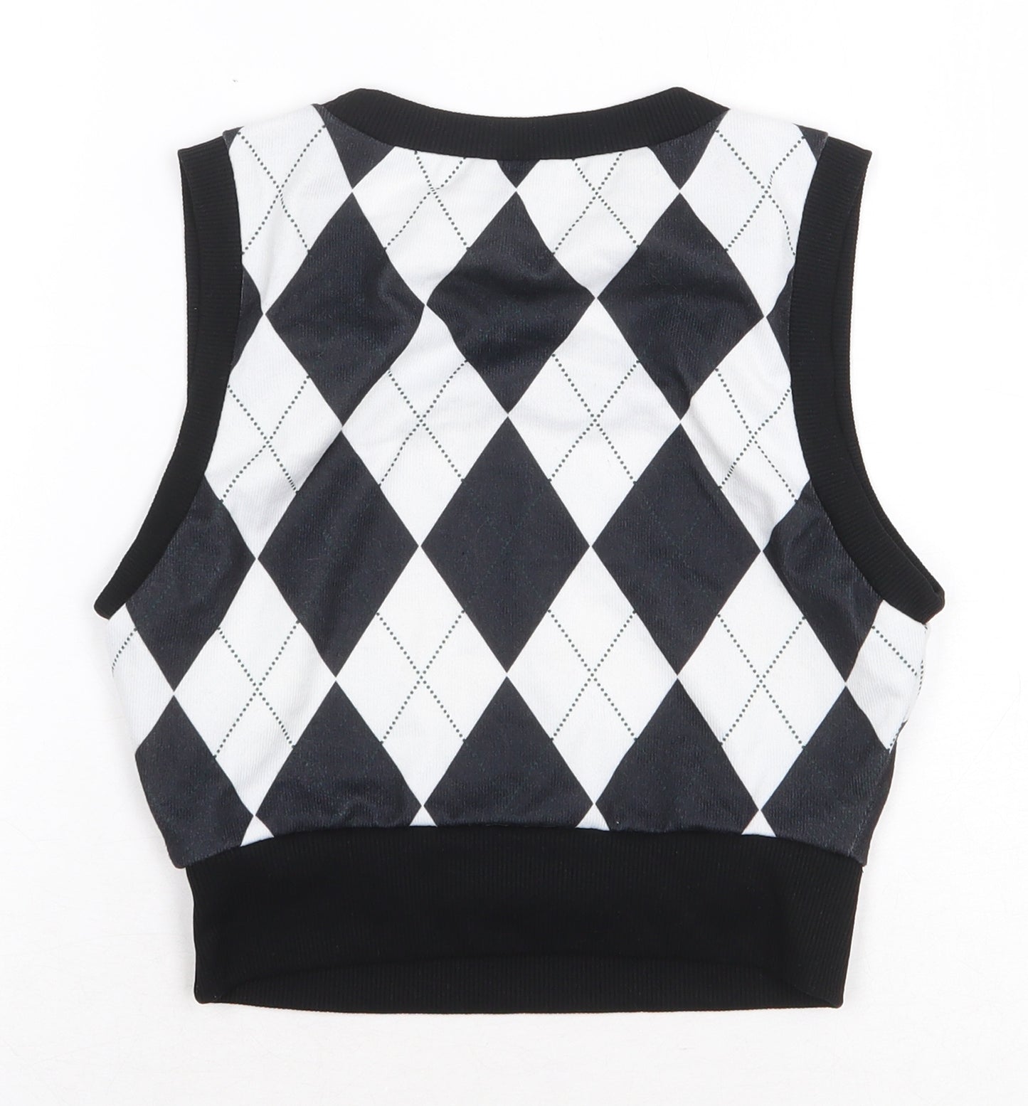 SheIn Womens Black Argyle/Diamond Polyester Cropped Tank Size S Round Neck