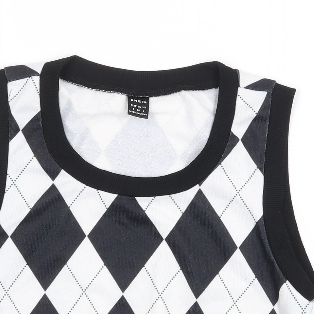 SheIn Womens Black Argyle/Diamond Polyester Cropped Tank Size S Round Neck