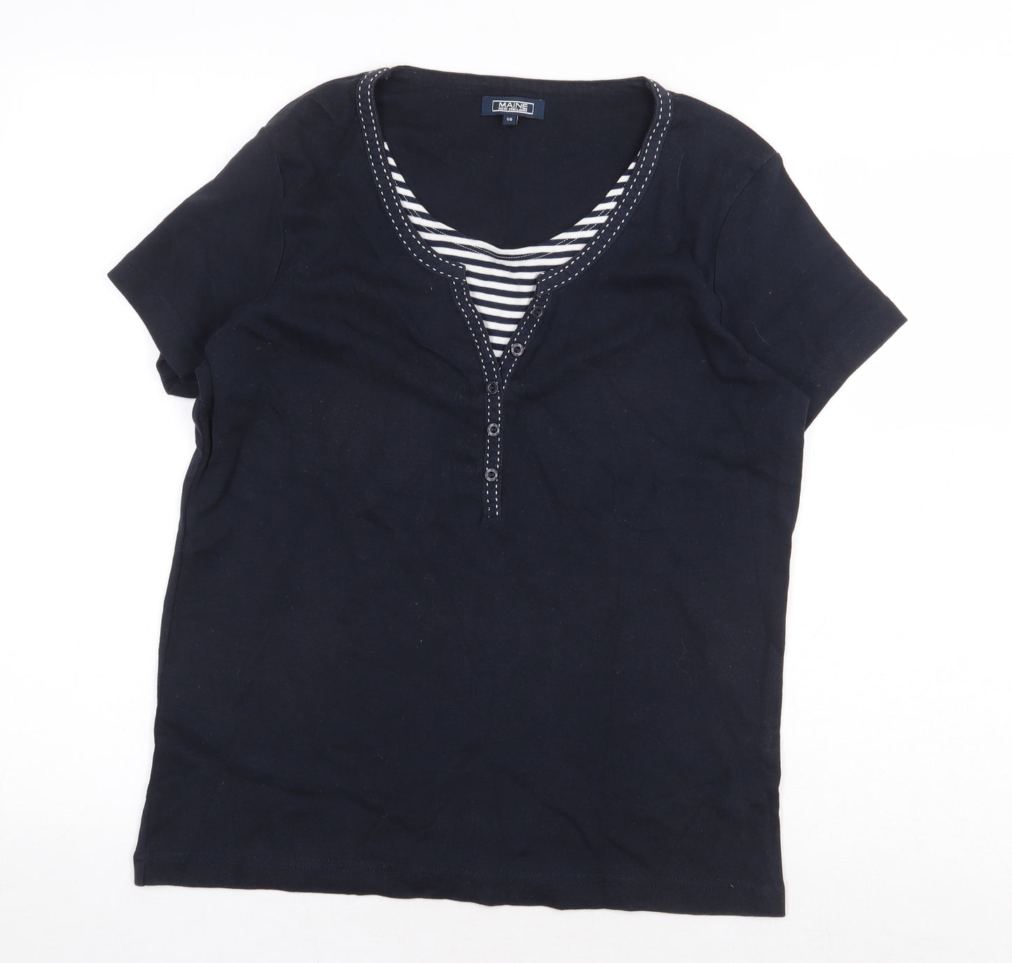 Maine Womens Blue Striped 100% Cotton Basic T-Shirt Size 16 Round Neck