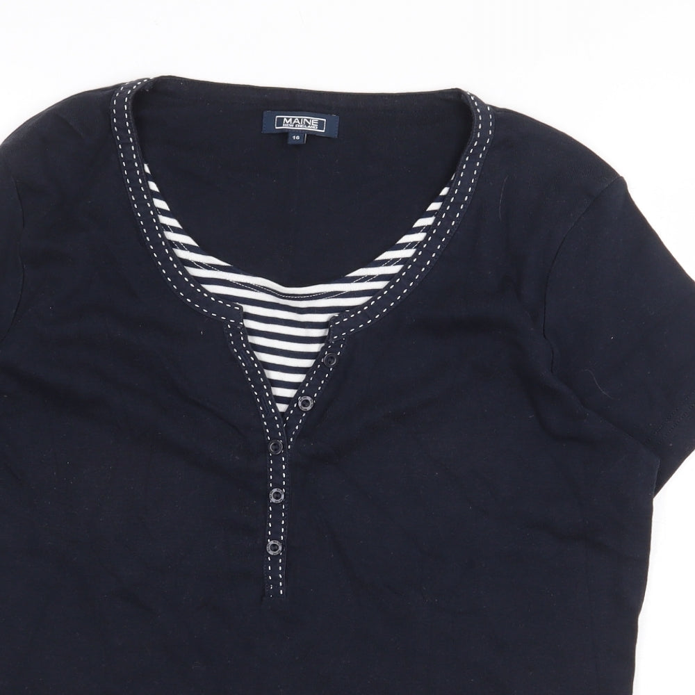 Maine Womens Blue Striped 100% Cotton Basic T-Shirt Size 16 Round Neck